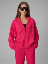 4F Bluza dresowa regular z kapturem damska - różowa XL. Czerwone bluzy 4f, xl, bez wzorów, z dresówki, z kapturem. Za 199.99 zł.