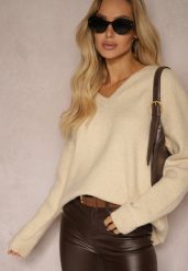 Beżowy Sweter z Dekoltem w V z Domieszką Kaszmiru Nelilae. Brązowe swetry Renee, bez wzorów, z jeansu, bez ramiączek. Za 119.99 zł.