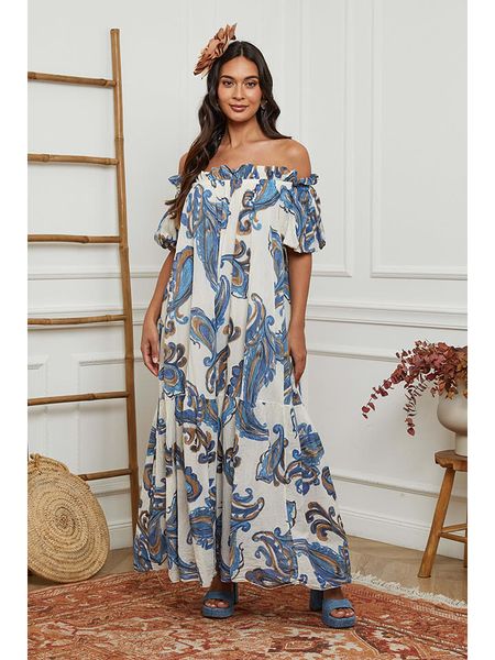 Fleur de Lin Sukienka w kolorze biało-błękitnym rozmiar: XXL. Białe sukienki Fleur de Lin, xxl, bez wzorów, z bawełny, bez kołnierzyka, bez ramiączek, maxi. Za 174.84 zł.