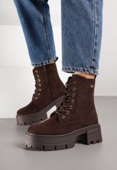 Brązowe Botki Workery na Platformie i Słupku ze Sznurowaniem Iniefra. Brązowe botki Renee, z aplikacjami, bez obcasa, na obcasie, bez zapięcia. Za 179.99 zł.