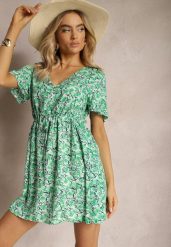 Zielona Wiskozowa Sukienka ze Sznureczkiem w Talii z Krótkimi Rękawami i Mozaikowym Printem Travei. Zielone sukienki Renee, na co dzień, na lato, l, bez wzorów, z materiału, eleganckie, bez kołnierzyka, bez ramiączek, mini, proste. Za 49.99 zł.