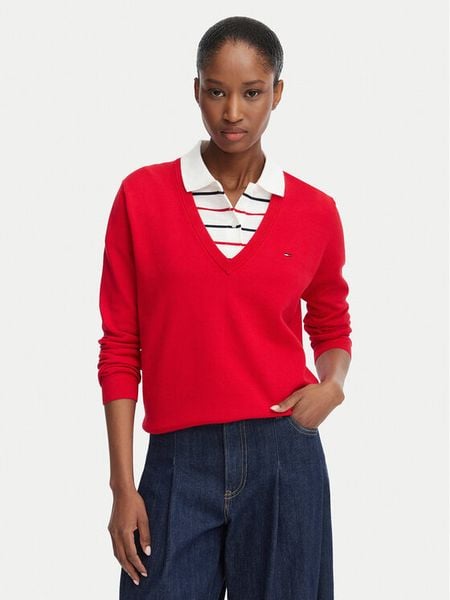 Tommy Jeans Sweter Essential DW0DW19888 Czerwony Regular Fit. Czerwone swetry Tommy Jeans, xxs, bez wzorów, z bawełny, bez ramiączek. Za 299.99 zł.