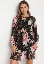 Czarna Sukienka o Rozkloszowanym Kroju w Kwiaty Zeramera. Czarne sukienki Born2be, na co dzień, l, bez wzorów, z wiskozy, bez kołnierzyka, bez ramiączek, mini, rozkloszowane. Za 119.99 zł.