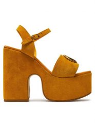 Guess Sandały Clody FLJCLO SUE04 Żółty. Żółte sandały Guess, z aplikacjami, ze skóry, bez obcasa, na słupku, bez zapięcia. Za 609.99 zł.