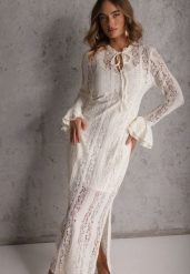 Beżowa Taliowana Sukienka z Koronki Zdobiona Wiązaniem przy Szyi Terienna. Brązowe sukienki Renee, na imprezę, na lato, l, z aplikacjami, z koronki, bez kołnierzyka, bez ramiączek, maxi, oversize. Za 169.99 zł.