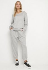Szary Komplet Dresowy z Bawełną Bluza i Spodnie ze Ściągaczami Anirrive. Szare bluzy Born2be, l, bez wzorów, z bawełny, bez kaptura. Za 119.99 zł.