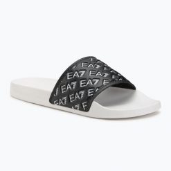 Klapki EA7 Emporio Armani Water Sports All Over. Czarne klapki EA7 Emporio Armani, z aplikacjami, z materiału, bez obcasa. Za 149.99 zł.