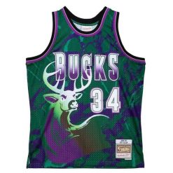 Koszulka Milwaukee Bucks Ray Allen Team Swingman 1996/97. Zielone bluzki Mitchell & Ness, bez wzorów, z poliesteru, sportowe, bez kołnierzyka, bez ramiączek. Za 632.50 zł.