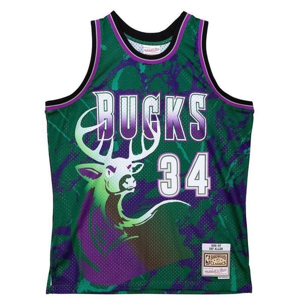 Koszulka Milwaukee Bucks Ray Allen Team Swingman 1996/97. Zielone bluzki Mitchell & Ness, bez wzorów, z poliesteru, sportowe, bez kołnierzyka, bez ramiączek. Za 632.50 zł.