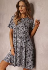 Granatowa Sukienka Mini z Krótkimi Rękawami i Wzorem w Kwiaty Cassatha. Niebieskie sukienki Renee, na lato, l, bez wzorów, bez kołnierzyka, bez ramiączek, mini, rozkloszowane. Za 49.99 zł.