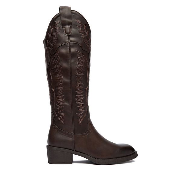 Kowbojki JENNY. Brązowe kozaki Jenny, bez obcasa, na słupku, bez zapięcia. Za 249.99 zł.