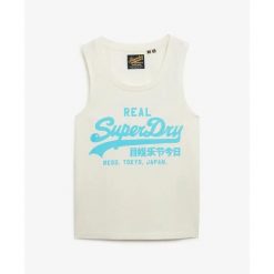Damski tank top Superdry Vl. Białe topy Superdry, bez wzorów, bez kołnierzyka, bez ramiączek. W wyprzedaży za 124.25 zł.