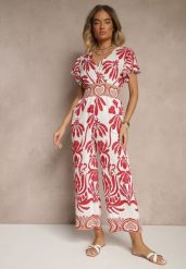 Bordowy Kombinezon z Wiskozy z Zaznaczoną Talią w Boho Wzór i Dekoltem V Virazia. Czerwone sukienki Renee, na plażę, na lato, m, bez wzorów, z wiskozy, boho, bez kołnierzyka, bez ramiączek, mini. Za 79.99 zł.