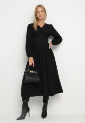 Czarna Sukienka z Wiskozą o Kroju z Gorsetową Talią i Bufiastymi Rękawami Aniste. Czarne sukienki Born2be, na co dzień, l, bez wzorów, z poliesteru, eleganckie, bez kołnierzyka, bez ramiączek, midi, gorsetowe. Za 139.99 zł.