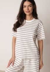 Biało-Czarny Bawełniany T-shirt w Poziome Paski Rive. Czarne t-shirty Born2be, l, bez wzorów, z bawełny, bez kołnierzyka, bez ramiączek. Za 59.99 zł.