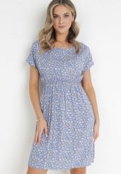 Niebieska Wiskozowa Rozkloszowana Sukienka z Gumką w Talii w Kwiaty Heidene. Niebieskie sukienki Born2be, l, bez wzorów, z wiskozy, bez kołnierzyka, bez ramiączek, mini, rozkloszowane. Za 34.99 zł.