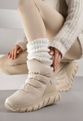 Ciemnobeżowe Śniegowce na Platformie z Tłoczeniem i Pikowaną Cholewką Resisia. Brązowe trapery i śniegowce Renee, z puchu. Za 189.99 zł.