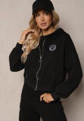Czarna Bluza Rozpinana z Wyszytą Emotką i Kapturem Cornoria. Czarne bluzy Renee, l, bez wzorów, z dzianiny. Za 59.99 zł.