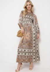 Beżowa Sukienka w Stylu Boho z Rozkloszowanym Dołem i Bufiastymi Rękawami Ertiana. Brązowe sukienki Born2be, na co dzień, l, bez wzorów, z materiału, boho, bez kołnierzyka, bez ramiączek, maxi, proste. Za 129.99 zł.