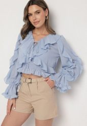 Niebieska Bluzka z Wiązaniem i Falbankami z Dodatkowym Topem na Ramiączkach Mirasiela. Niebieskie bluzki Born2be, s, z aplikacjami, z jeansu, eleganckie, bez kołnierzyka, bez ramiączek. W wyprzedaży za 144.49 zł.