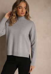 Szary Gładki Golf Casual Raliana. Szare golfy Renee, l, bez wzorów, z jeansu, bez ramiączek. Za 79.99 zł.