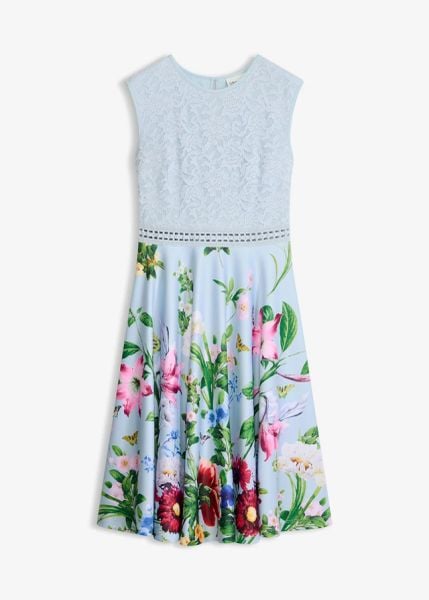 Sukienka midi z koronką. Niebieskie sukienki bonprix, bez wzorów, z dzianiny, bez kołnierzyka, bez ramiączek, midi. Za 239.99 zł.