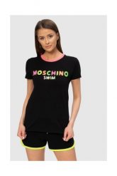 MOSCHINO Czarny t-shirt damski z neonowym logo, Rozmiar XS. Czarne t-shirty MOSCHINO, s, bez wzorów, prążkowane, bez kołnierzyka, bez ramiączek. W wyprzedaży za 269.99 zł.