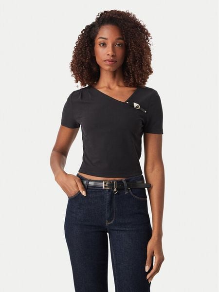 Guess Bluzka W6YP33 K4383 Czarny Slim Fit. Czarne bluzki Guess, l, z aplikacjami, bez kołnierzyka, bez ramiączek. Za 245.99 zł.