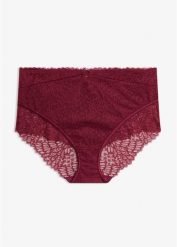 Figi z wysokim stanem z delikatnej koronki. Fioletowe figi bonprix, bez wzorów, z koronki. Za 49.99 zł.