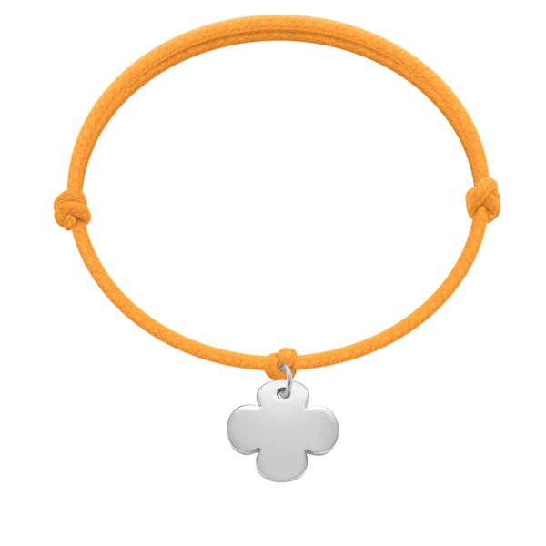 Bransoletka z posrebrzaną okrągłą koniczyną na grubym pomarańczowym sznurku fluo. Brązowe bransoletki Lilou, posrebrzane. Za 129.00 zł.