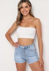 Niebieskie Jeansowe Szorty z Wysokim Stanem i Ozdobnymi Guzikami Jeviana. Niebieskie szorty Born2be, bez wzorów, z denimu, eleganckie, z podwyższonym stanem. Za 74.99 zł.