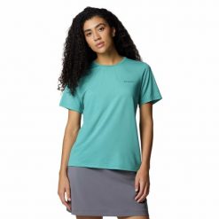 Koszulka damska Columbia Wild Springs Short Sleeve z krótkim rękawem. Zielone koszulki sportowe Columbia, bez wzorów, bez ramiączek. Za 125.99 zł.