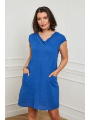 Curvy Lady Lniana sukienka w kolorze niebieskim rozmiar: 40/42. Niebieskie sukienki Curvy Lady, na co dzień, bez wzorów, ze lnu, klasyczne, bez kołnierzyka, bez ramiączek, mini, proste. Za 70.41 zł.