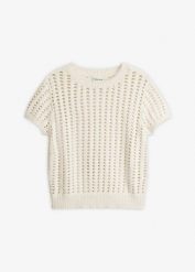 Sweter ażurowy z krótkim rękawem, z czystej bawełny. Białe swetry bonprix, w ażurowe wzory, z bawełny, bez ramiączek. Za 37.99 zł.