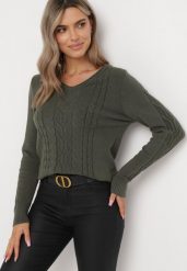 Ciemnozielony Sweter z Ozdobnym Splotem i Trójkątnym Dekoltem Barbisae. Zielone swetry Born2be, z aplikacjami, z dzianiny, bez ramiączek. Za 59.99 zł.