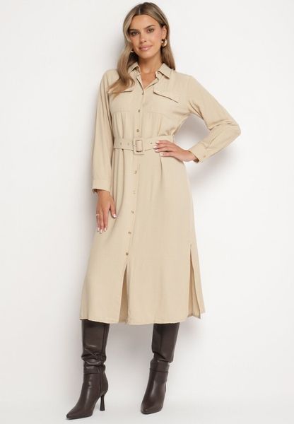 Beżowa Koszulowa Sukienka Rozkloszowana Ozdobiona Kieszeniami z Klapami i Paskiem Rinnella. Brązowe sukienki Born2be, l, bez wzorów, klasyczne, bez kołnierzyka, bez ramiączek, midi, koszulowe. Za 109.99 zł.