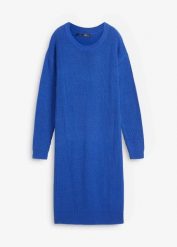 Sukienka dzianinowa oversize, z prążkowanej mieszanki bawełny. Niebieskie sukienki bonprix, bez wzorów, z bawełny, bez kołnierzyka, bez ramiączek, oversize. Za 139.99 zł.