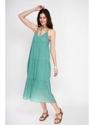 ASSUILI Lniana sukienka w kolorze turkusowym rozmiar: 36. Niebieskie sukienki Assuili, bez wzorów, ze lnu, bez kołnierzyka, bez ramiączek, maxi, rozkloszowane. Za 130.99 zł.