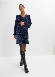 Sukienka z cekinami. Czarne sukienki bonprix, bez wzorów, bez kołnierzyka, bez ramiączek, kopertowe. Za 169.99 zł.