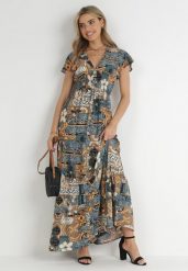 Szara Sukienka Maxi z Wiskozy z Gumką w Talii i Guzikami Nyllu. Szare sukienki Born2be, l, z aplikacjami, z wiskozy, bez kołnierzyka, bez ramiączek, maxi. Za 74.99 zł.
