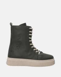 BOTKI DAMSKIE W KOLORZE ZIELONYM A012LEKHOBB082. Zielone botki Venezia, bez wzorów, ze skóry, bez obcasa, bez zapięcia. Za 219.00 zł.