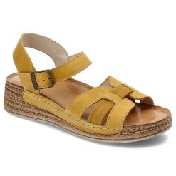 Żółte Sandały Wasak Wygodne Obuwie Damskie. Żółte sandały Wasak, bez wzorów, z jeansu, eleganckie, bez obcasa, na koturnie, bez zapięcia. Za 209.00 zł.