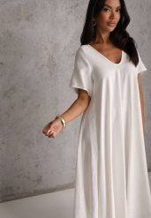 Biała Sukienka Oversize z Wiskozy Ozdobiona Cyrkoniami Erone. Białe sukienki Renee, m, bez wzorów, z wiskozy, bez kołnierzyka, bez ramiączek, midi, oversize. Za 119.99 zł.