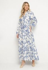 Niebieska Rozkloszowana Sukienka z Wiskozy o Koszulowym Kroju w Kwiatowy Wzór Ridisiana. Niebieskie sukienki Born2be, na co dzień, m, z aplikacjami, z wiskozy, eleganckie, bez kołnierzyka, bez ramiączek, maxi, koszulowe. Za 109.99 zł.