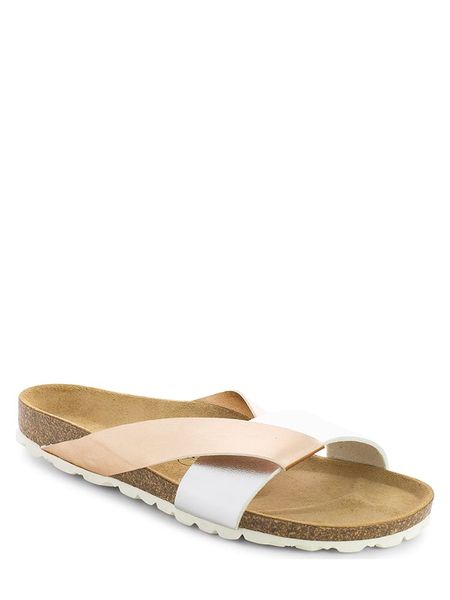 Sunbay Klapki "Rita" w kolorze srebrno-złotym rozmiar: 36. Szare klapki Sunbay, bez wzorów, z otwartym noskiem, bez obcasa. Za 88.02 zł.