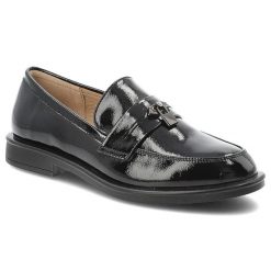 Mokasyny damskie Filippo, lakierowane loafersy na niskim obcasie z eleganckim paskiem i metalową ozdobą, czarne, DP7751/26. Czarne mokasyny Filippo, z aplikacjami, z lakierowanej skóry, bez obcasa. Za 170.90 zł.