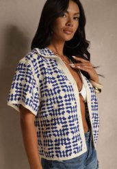 Niebieska Koszula z Bawełny Ozdobiona Geometrycznym Wzorem Melundria. Niebieskie koszule Renee, uniwersalny, bez wzorów, z bawełny, eleganckie, bez kołnierzyka, bez ramiączek. Za 129.99 zł.