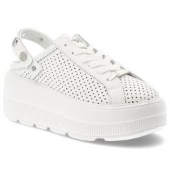 Klapki damskie S.Barski, ze skóry naturalnej licowej ażurowa cholewka platforma sznurowane styl casual, białe, LR61-7088. Białe klapki S.BARSKI, w ażurowe wzory, ze skóry, bez obcasa, na platformie. Za 229.00 zł.