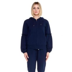 Błyszcząca damska bluza z kapturem zapinana na zamek. Niebieskie bluzy LEONE 1947 APPAREL, l, bez wzorów, z tkaniny, z kapturem. W wyprzedaży za 167.70 zł.