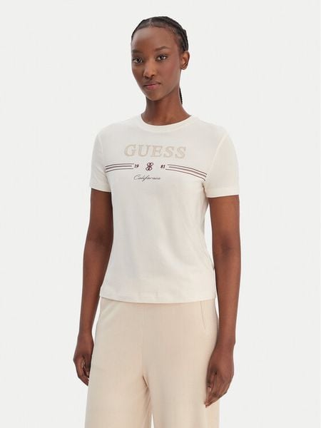 Guess T-Shirt V6GI06 K2967 Écru Regular Fit. Białe t-shirty Guess, xs, z aplikacjami, z lyocellu, bez kołnierzyka, bez ramiączek. Za 119.99 zł.